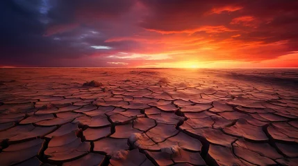 Papier Peint photo Bordeaux dramatic sunset over cracked earth. Desert landscape