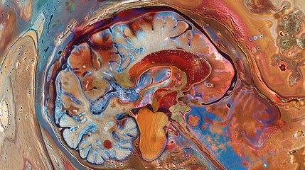 A closeup of a section from an MRI scan showcasing the enhanced clarity and detailed images produced by AI technology for early detection of brain tumors.