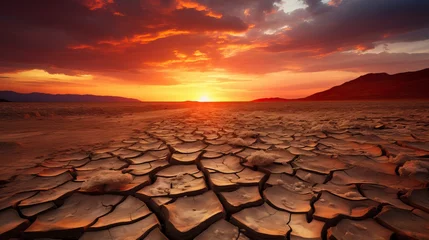 Fotobehang Bordeaux dramatic sunset over cracked earth. Desert landscape