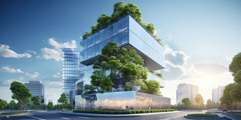 Eco-friendly building in the modern city. Sustainable glass office building with trees for reducing heat and carbon dioxide. Office building with green environment. - Powered by Adobe