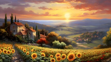 Panoramic view of sunflowers in Tuscany, Italy