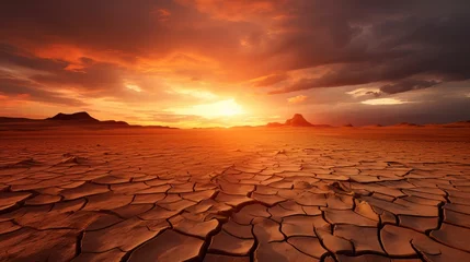 Photo sur Plexiglas Rouge violet dramatic sunset over cracked earth. Desert landscape