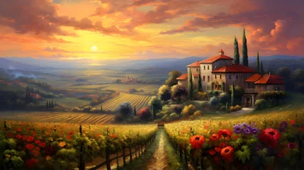 Türaufkleber Panoramic view of Tuscany at sunset with sunflowers © Iman