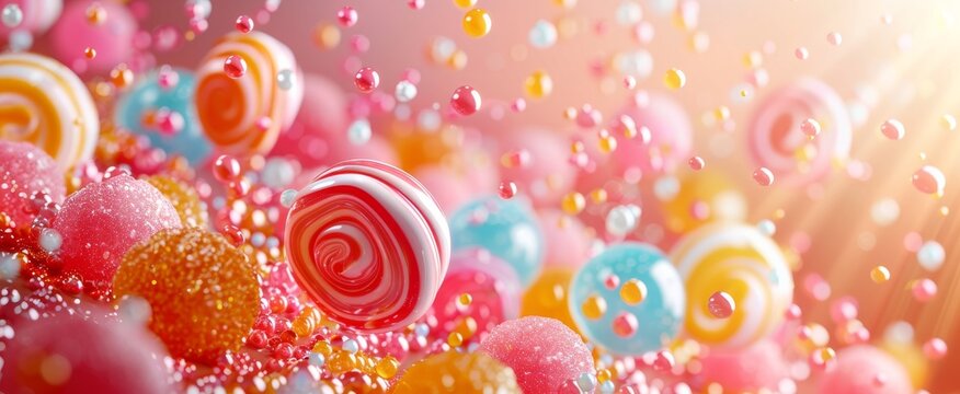 A whimsical display of vibrant swirled lollipops and sugar-coated candies immersed in a sparkling, effervescent atmosphere.