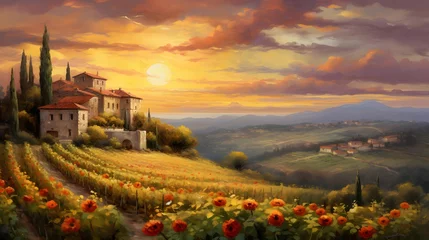 Fototapete Panoramic view of Tuscany landscape at sunset, Italy © Iman