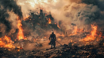 A lone Frankish warrior stands in front of a burning village a symbol of the devastation they are capable of inflicting.