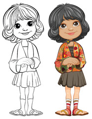 Vector illustration of a girl, colored and line art.