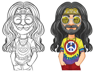 Colorful hippie with peace sign and tie-dye shirt.