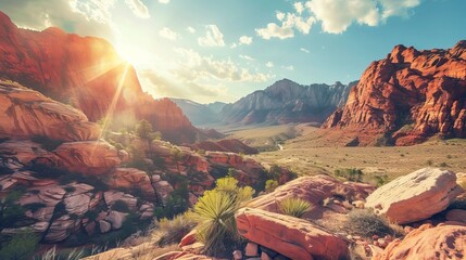Panoramic landscape view of beautiful red rock canyon formations during a vibrant sunny day - obrazy, fototapety, plakaty