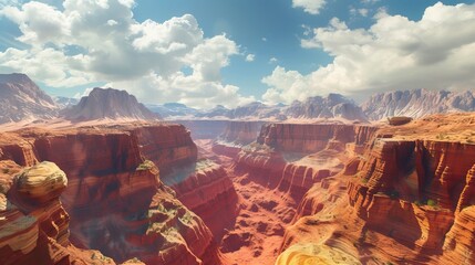 Panoramic landscape view of beautiful red rock canyon formations during a vibrant sunny day