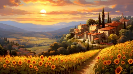 Tuinposter Panoramic view of sunflower field in Tuscany, Italy © Iman