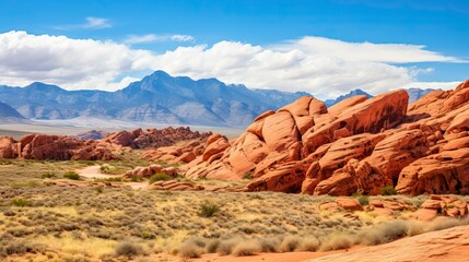 Panoramic landscape view of beautiful red rock canyon formations during a vibrant sunny day