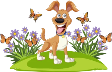 Garden poster Kids Cheerful dog enjoying nature with colorful butterflies