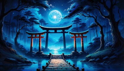landscape asian with temple in the night - obrazy, fototapety, plakaty