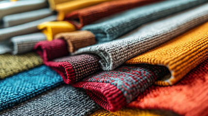 Colorful knitted fabrics stacked together.
