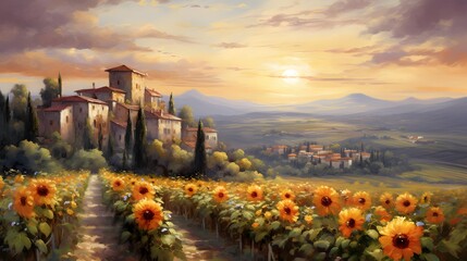 Panoramic view of Tuscany with sunflowers at sunset - obrazy, fototapety, plakaty