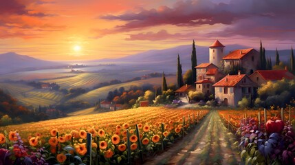 Sunflower field in Tuscany, Italy. Panoramic view