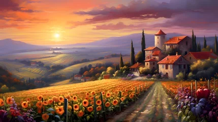 Poster Sunflower field in Tuscany, Italy. Panoramic view © Iman