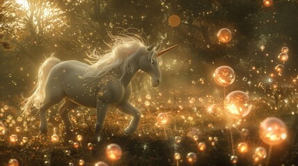 An ethereal white unicorn with a golden horn and flowing mane gallops gracefully through a mystical landscape surrounded by glowing orbs of magic. - obrazy, fototapety, plakaty
