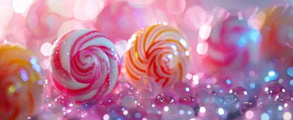 Fotobehang Whimsical candy landscape with lollipops and glistening beads under a bokeh light effect. © BackgroundWorld