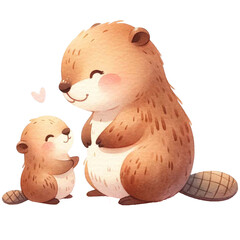  Mother and baby Beaver animal watercolor clipart. Ai Generate