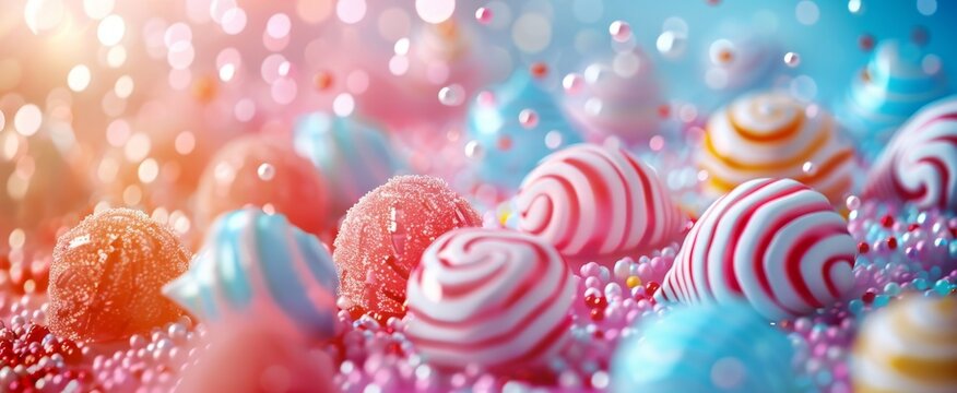 Colorful candy wonderland with a mix of lollipops and sprinkles set against a dreamy bokeh background.