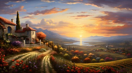Panoramic view of the countryside in Italy at sunset with beautiful colors - obrazy, fototapety, plakaty
