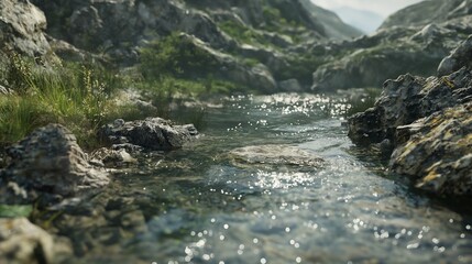 Naklejka na ściany i meble Crystal-clear stream flowing through a rocky mountain terrain.