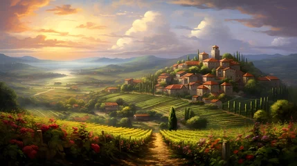 Zelfklevend Fotobehang Panoramic view of Tuscany with vineyards at sunset © Iman