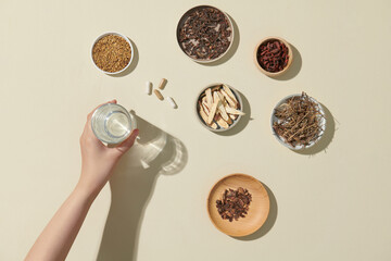Supplements and vitamin pills on white background