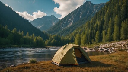 Green camping tent in a mountainous green forest - obrazy, fototapety, plakaty