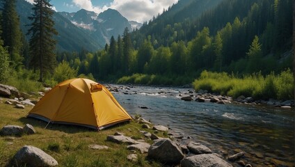 Yellow tent in a mountainous forest with a river - obrazy, fototapety, plakaty