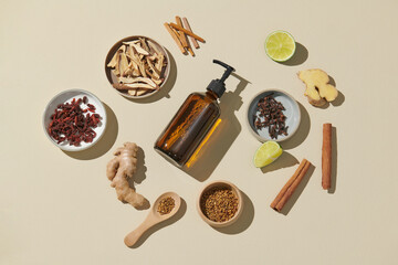 A collection of natural raw ingredients for shampoo