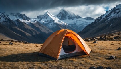 Tent for camping or traveling, near the Andes Mountains, snow - obrazy, fototapety, plakaty