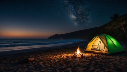 Tent on the shore of the beach at night, sky with stars and a campfire