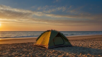 A green tent camping on the beach at sunset - obrazy, fototapety, plakaty