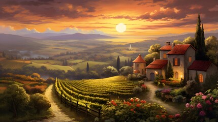 Beautiful landscape in Tuscany, Italy. Digital painting.