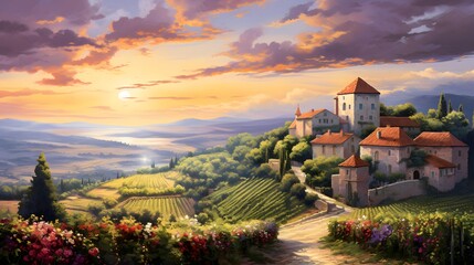 Sunset over vineyards in Tuscany, Italy. Panorama