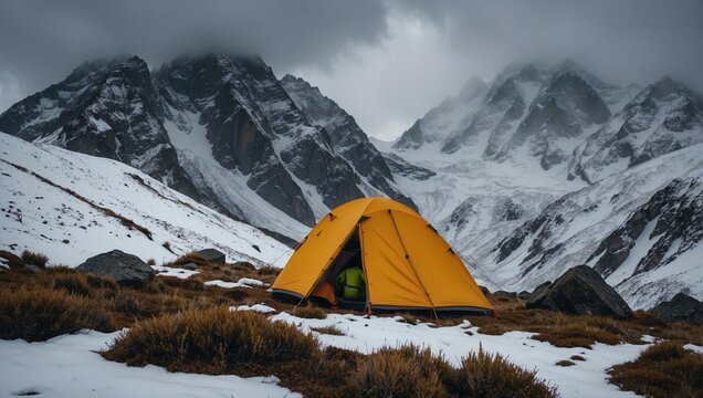 Yellow snow tent in the snow mountains