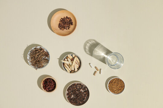 medicinal herbs with copy space and flat lay composite