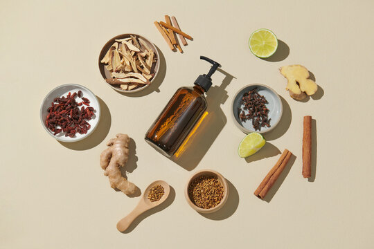 A collection of natural raw ingredients for shampoo