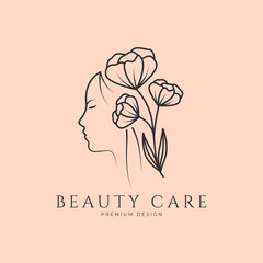 hand drawn logo line art feminine beauty floral botanical salon spa cosmetic care design vector illustration minimalist.