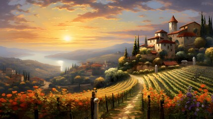 Landscape of vineyards in Tuscany at sunset, Italy
