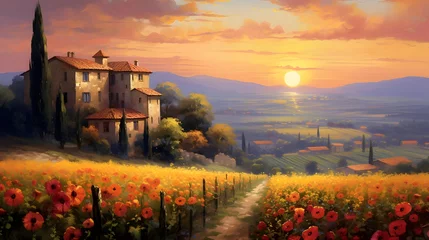 Zelfklevend Fotobehang Panoramic view of Tuscany with sunflowers at sunset © Iman
