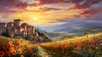 Papier Peint photo autocollant Toscane Panoramic view of Tuscany with sunflowers at sunset