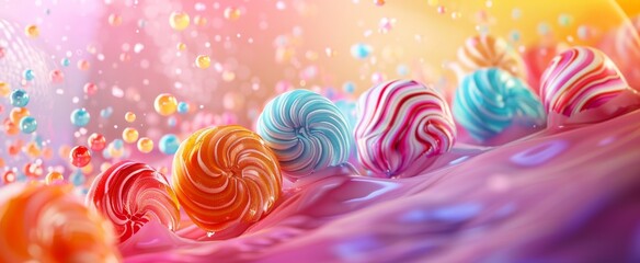 Vibrant abstract candy land with swirling lollipops and glistening droplets against a colorful gradient background. - obrazy, fototapety, plakaty
