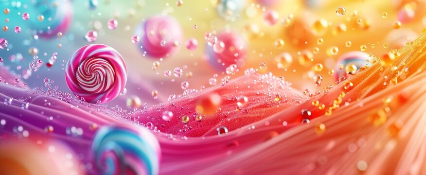 Vibrant abstract candy land with swirling lollipops and glistening droplets against a colorful gradient background.