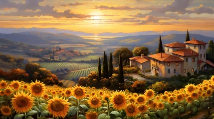 Papier Peint photo Toscane Sunflower field in Tuscany, Italy. Panoramic image