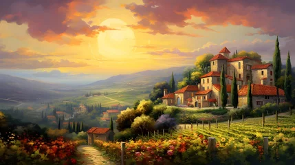 Poster Landscape of Tuscany with vineyard at sunset, Italy © Iman