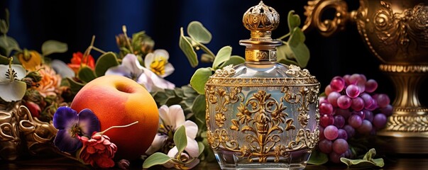 Decorative ornate antique perfume bottle with fruit and flower background. Cologne bottle product photography